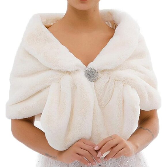 Unbranded Tops - Vintage-Inspired Ivory Faux Fur Bridal Wrap With Rhinestone Brooch